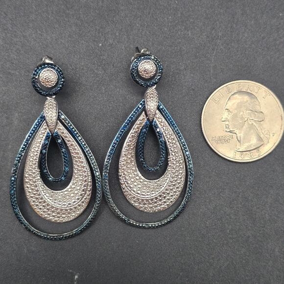 Diamond Chip Navy Blue Silver Tone Earrings SJ BR - Picture 4 of 8